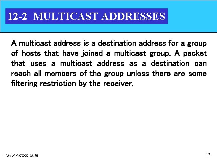 12 -2 MULTICAST ADDRESSES A multicast address is a destination address for a group