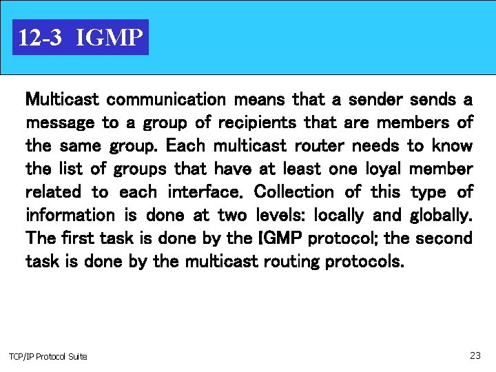 12 -3 IGMP Multicast communication means that a sender sends a message to a