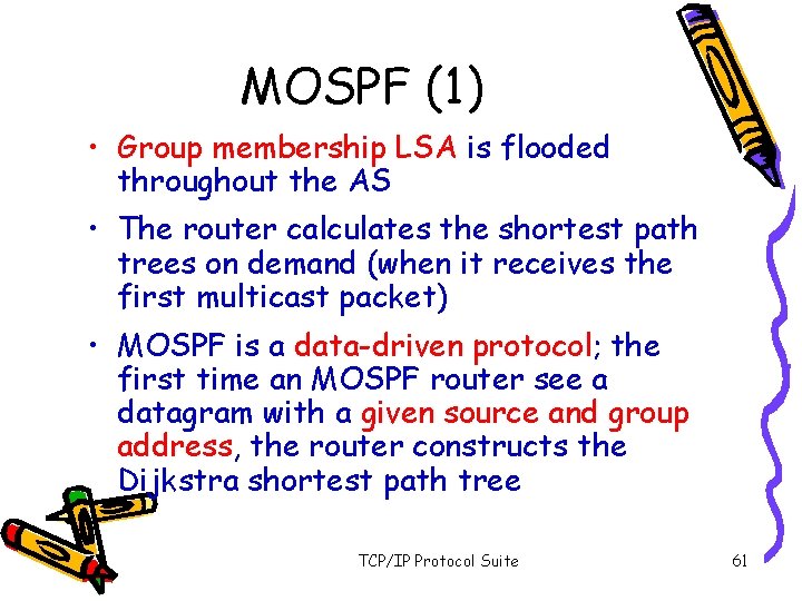 MOSPF (1) • Group membership LSA is flooded throughout the AS • The router