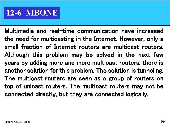 12 -6 MBONE Multimedia and real-time communication have increased the need for multicasting in