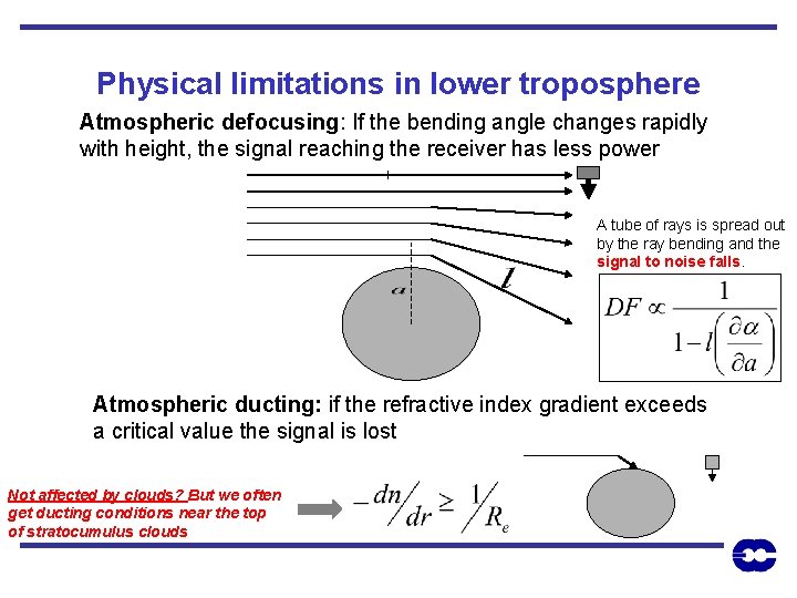 Physical limitations in lower troposphere Atmospheric defocusing: If the bending angle changes rapidly with