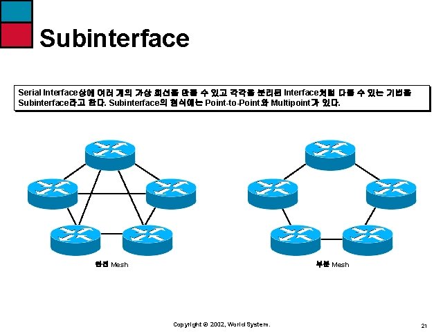 Subinterface Serial Interface상에 여러 개의 가상 회선을 만들 수 있고 각각을 분리된 Interface처럼 다룰