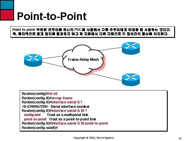 Point-to-Point to point 부분은 라우터를 하나의 PVC을 사용해서 다른 라우터에게 연결할 때 사용하는 것이다.