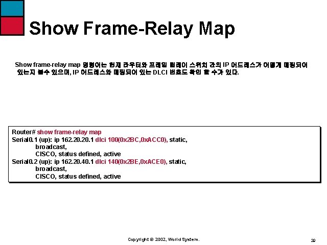 Show Frame-Relay Map Show frame-relay map 명령어는 현재 라우터와 프레임 릴레이 스위치 간의 IP