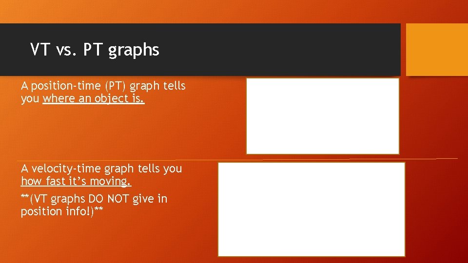 VT vs. PT graphs A position-time (PT) graph tells you where an object is.