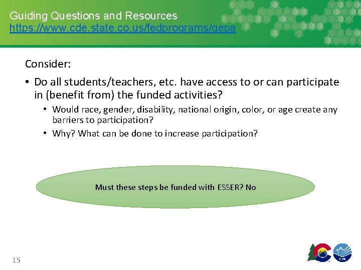 Guiding Questions and Resources https: //www. cde. state. co. us/fedprograms/gepa Consider: • Do all