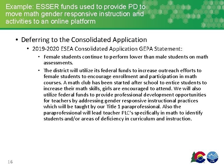 Example: ESSER funds used to provide PD to move math gender responsive instruction and