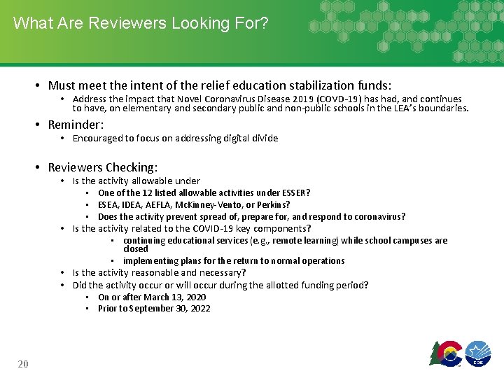 What Are Reviewers Looking For? • Must meet the intent of the relief education