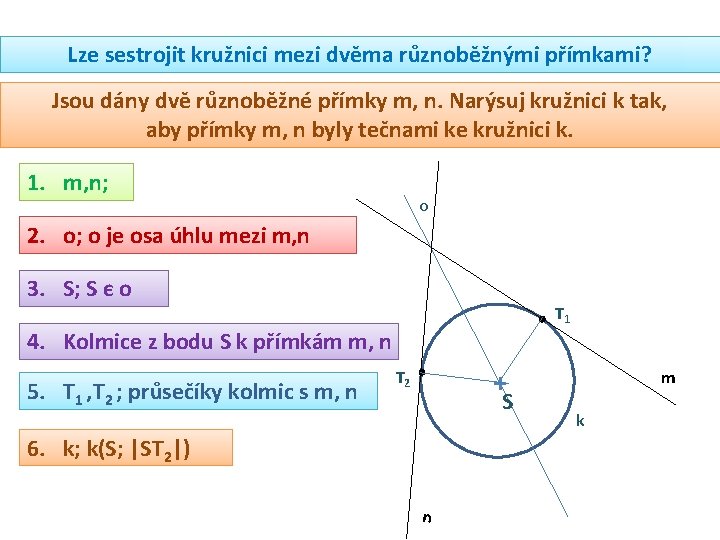 Lze sestrojit kružnici mezi dvěma různoběžnými přímkami? Jsou dány dvě různoběžné přímky m, n.