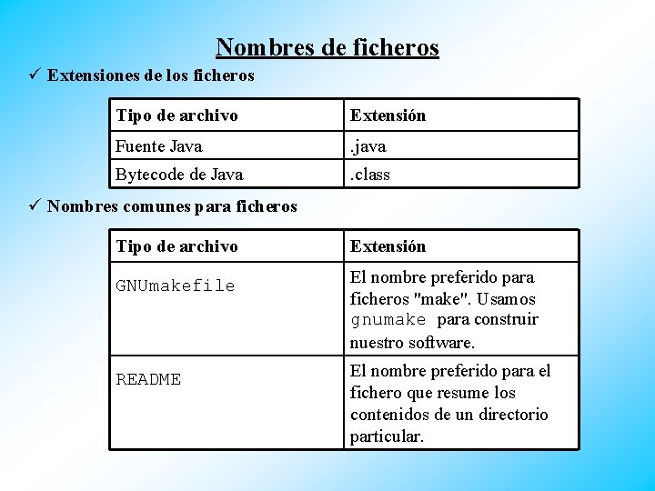 Nombres de ficheros ü Extensiones de los ficheros Tipo de archivo Extensión Fuente Java