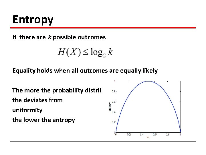 Entropy If there are k possible outcomes Equality holds when all outcomes are equally