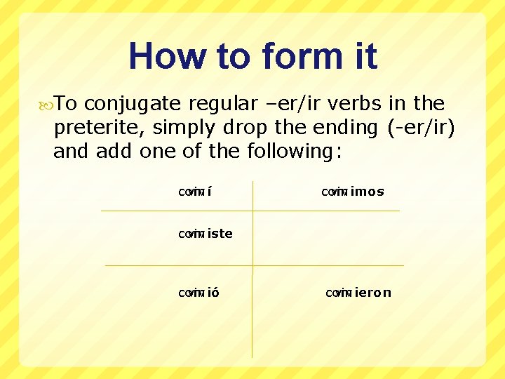 How to form it To conjugate regular –er/ir verbs in the preterite, simply drop