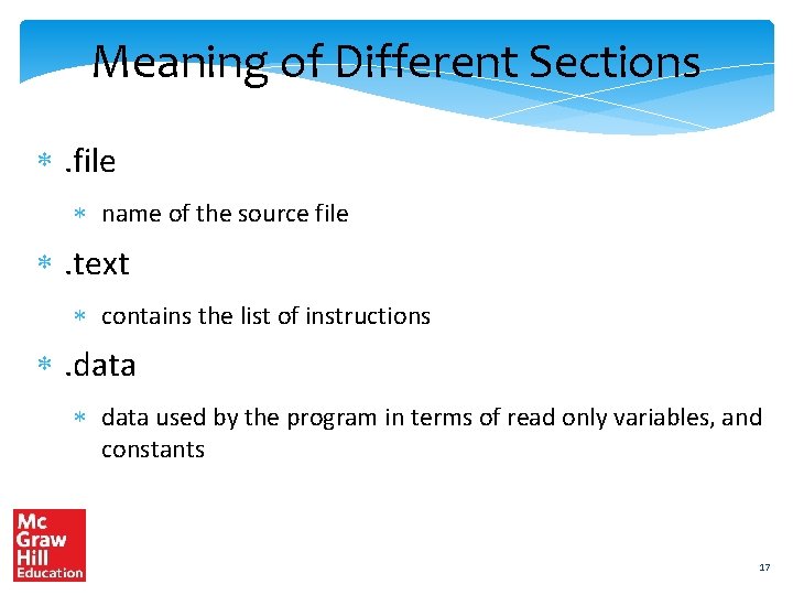 Meaning of Different Sections . file name of the source file . text contains