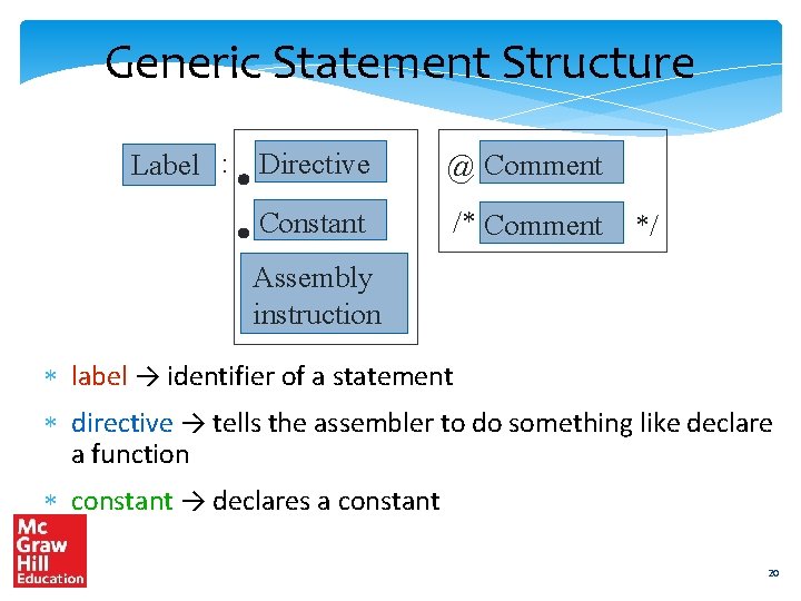 Generic Statement Structure Label : Directive @ Comment Constant /* Comment */ Assembly instruction