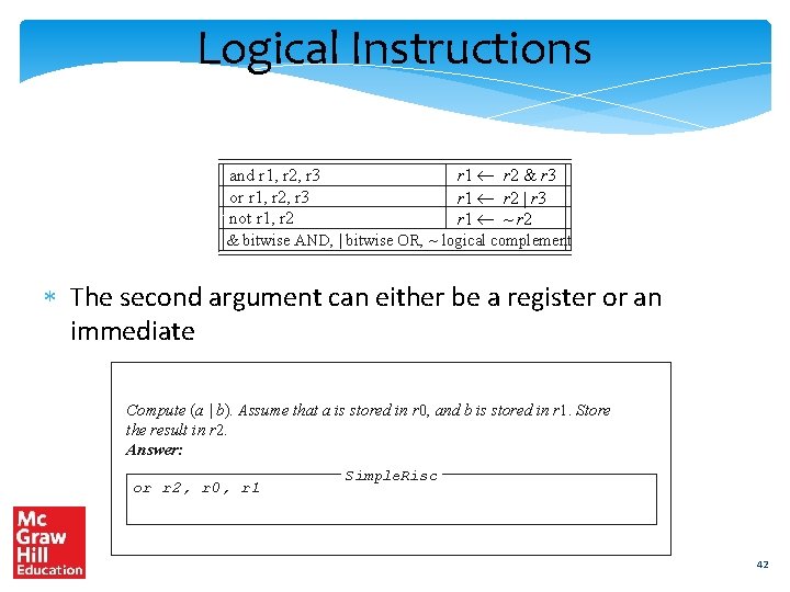 Logical Instructions r 1 r 2 & r 3 r 1 r 2 |