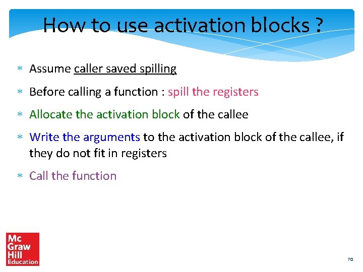 How to use activation blocks ? Assume caller saved spilling Before calling a function