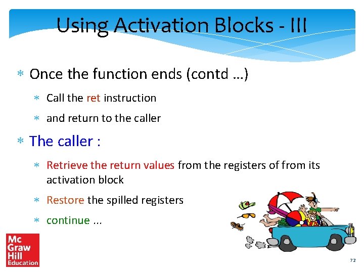 Using Activation Blocks - III Once the function ends (contd …) Call the ret