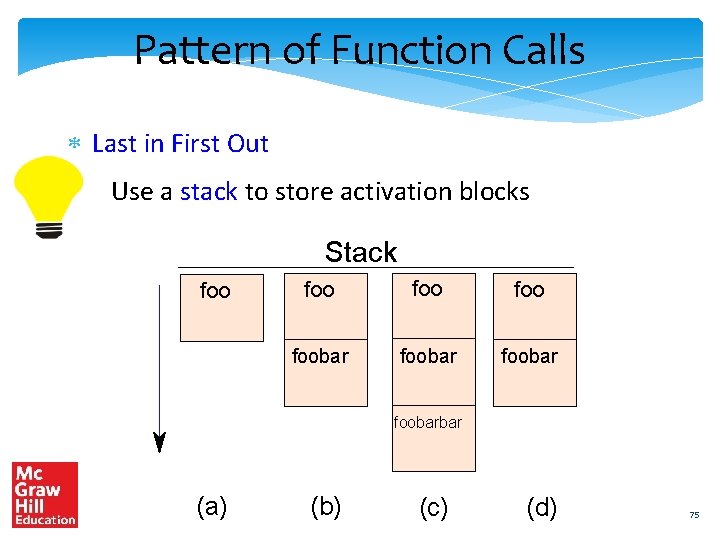 Pattern of Function Calls Last in First Out Use a stack to store activation