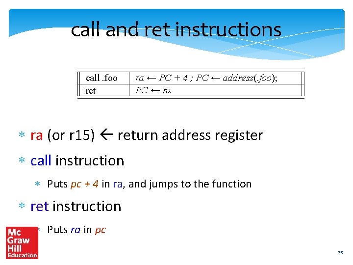 call and ret instructions call. foo ret ra ← PC + 4 ; PC