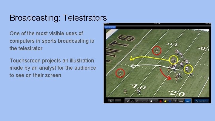 Broadcasting: Telestrators One of the most visible uses of computers in sports broadcasting is