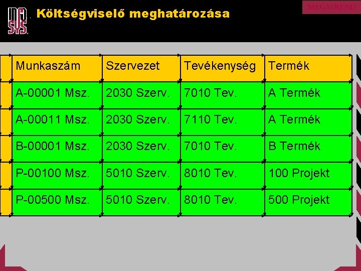 Költségviselő meghatározása Munkaszám Szervezet Tevékenység Termék A-00001 Msz. 2030 Szerv. 7010 Tev. A Termék