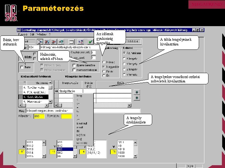 Paraméterezés Az időszak gyakoriság megadás Bázis, terv státuszok A tábla tengelyeinek kiválasztása Halmozás, adatok