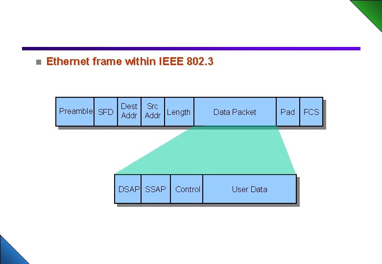 n Ethernet frame within IEEE 802. 3 Dest Src Preamble SFD Addr Length DSAP