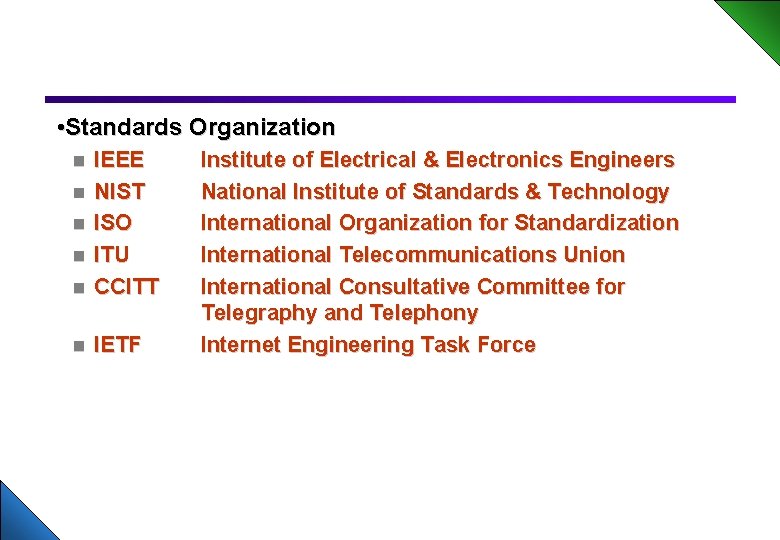 Switching Standards Organization n IEEE NIST ISO ITU