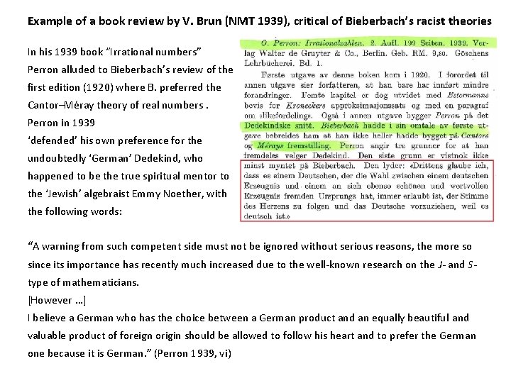 Example of a book review by V. Brun (NMT 1939), critical of Bieberbach’s racist