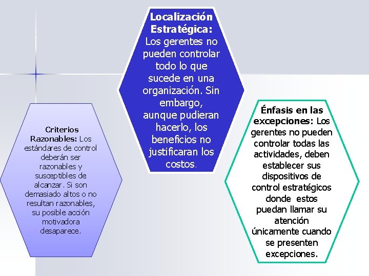 Criterios Razonables: Los estándares de control deberán ser razonables y susceptibles de alcanzar. Si