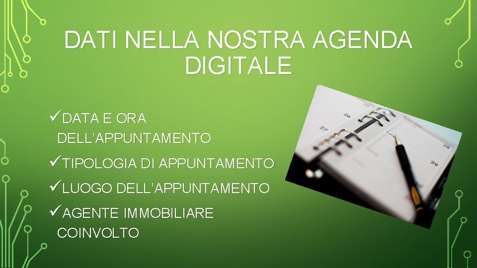 DATI NELLA NOSTRA AGENDA DIGITALE üDATA E ORA DELL’APPUNTAMENTO üTIPOLOGIA DI APPUNTAMENTO üLUOGO DELL’APPUNTAMENTO