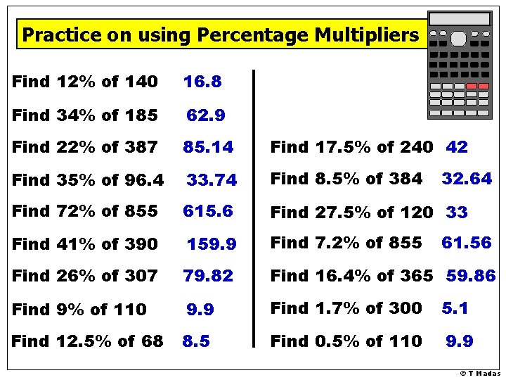 Practice on using Percentage Multipliers Find 12% of 140 16. 8 Find 34% of