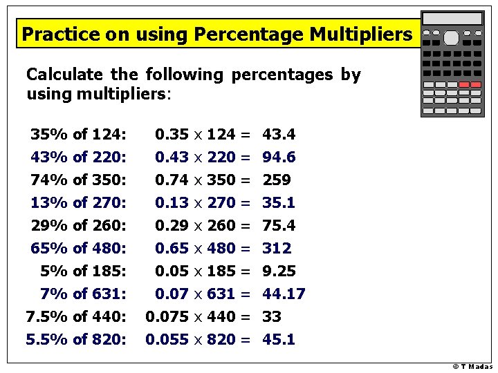 Practice on using Percentage Multipliers Calculate the following percentages by using multipliers: 35% of