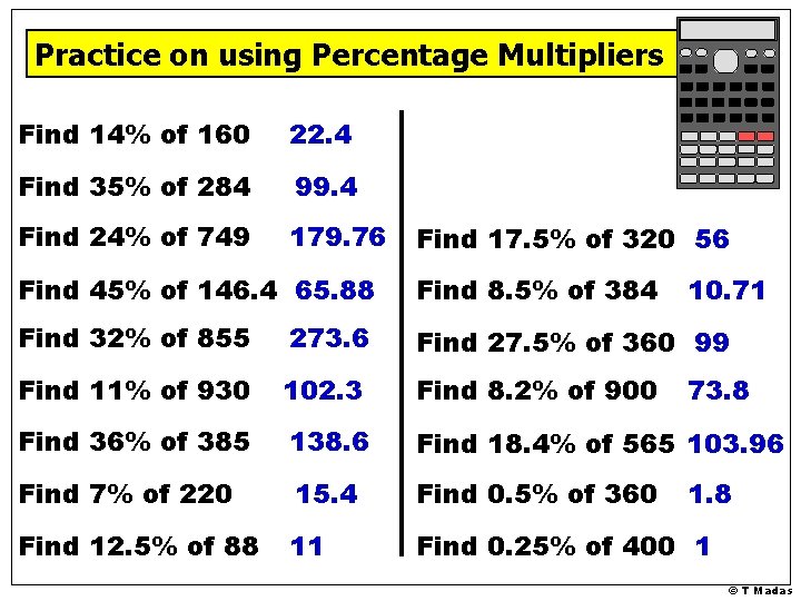 Practice on using Percentage Multipliers Find 14% of 160 22. 4 Find 35% of