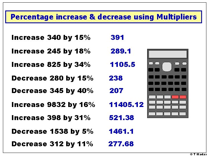Percentage increase & decrease using Multipliers Increase 340 by 15% 391 Increase 245 by
