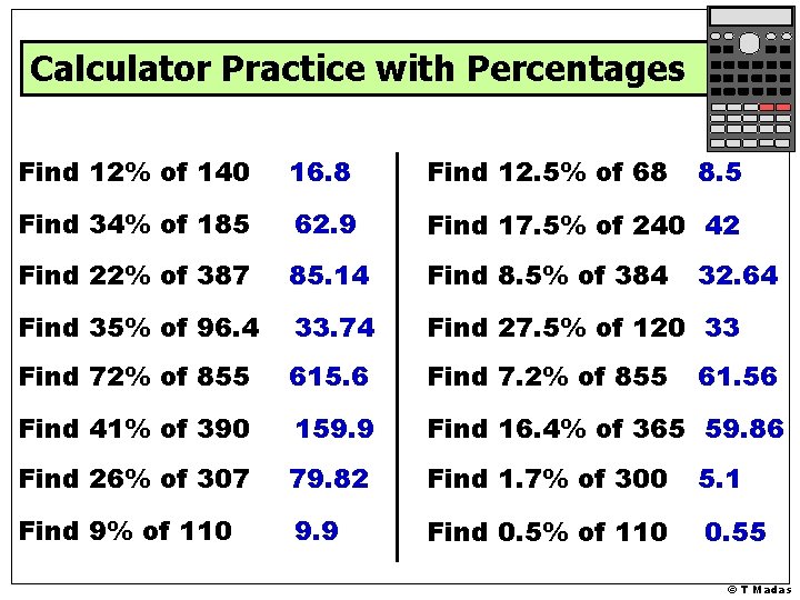 Calculator Practice with Percentages Find 12% of 140 16. 8 Find 12. 5% of