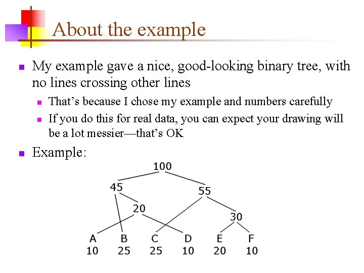 About the example n My example gave a nice, good-looking binary tree, with no