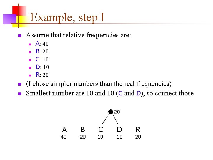 Example, step I n Assume that relative frequencies are: n n n n A: