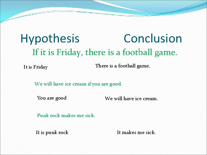 Hypothesis Conclusion If it is Friday, there is a football game. It is Friday