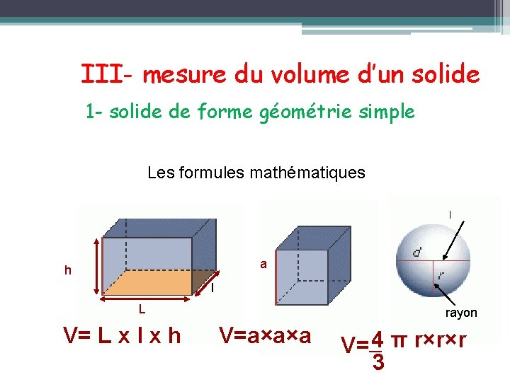 III- mesure du volume d’un solide 1 - solide de forme géométrie simple Les
