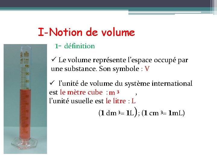 I-Notion de volume 1 - définition ü Le volume représente l’espace occupé par une