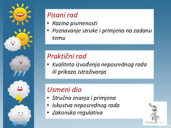 Pisani rad • Razina pismenosti • Poznavanje struke i primjena na zadanu temu Praktični