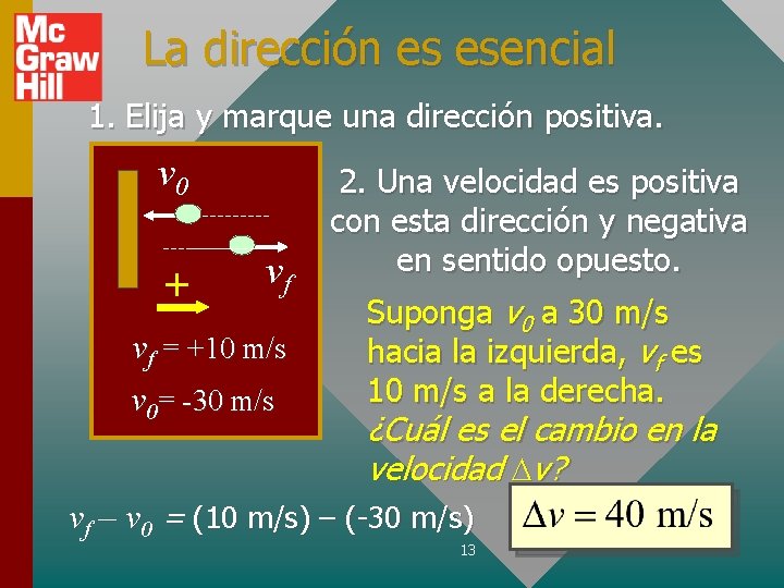 La dirección es esencial 1. Elija y marque una dirección positiva. v 0 +