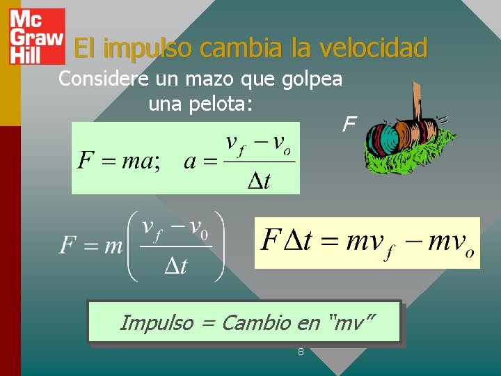 El impulso cambia la velocidad Considere un mazo que golpea una pelota: F Impulso