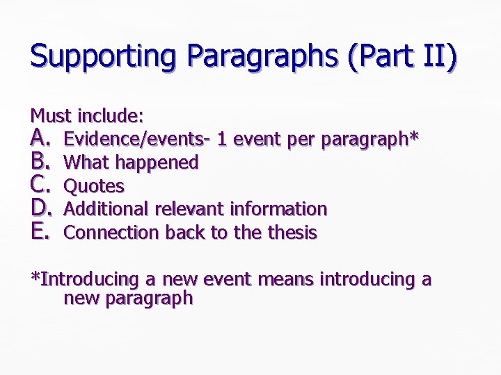 Supporting Paragraphs (Part II) Must include: A. Evidence/events- 1 event per paragraph* B. What Supporting Paragraphs (Part II) Must include: A. Evidence/events- 1 event per paragraph* B. What