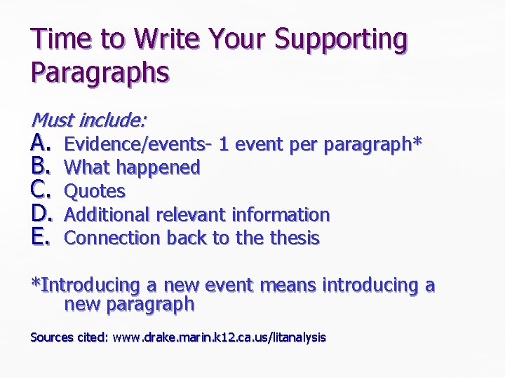 Time to Write Your Supporting Paragraphs Must include: A. B. C. D. E. Evidence/events- Time to Write Your Supporting Paragraphs Must include: A. B. C. D. E. Evidence/events-