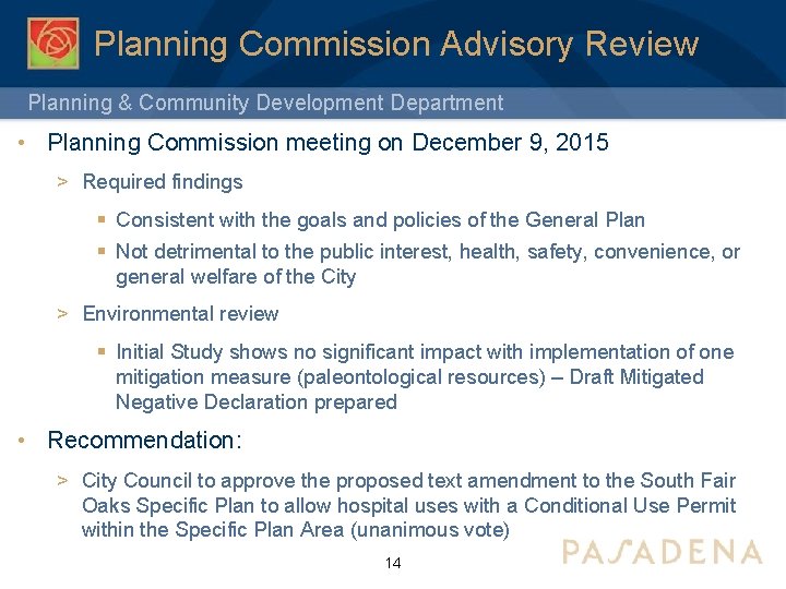 Planning Commission Advisory Review Planning & Community Development Department • Planning Commission meeting on