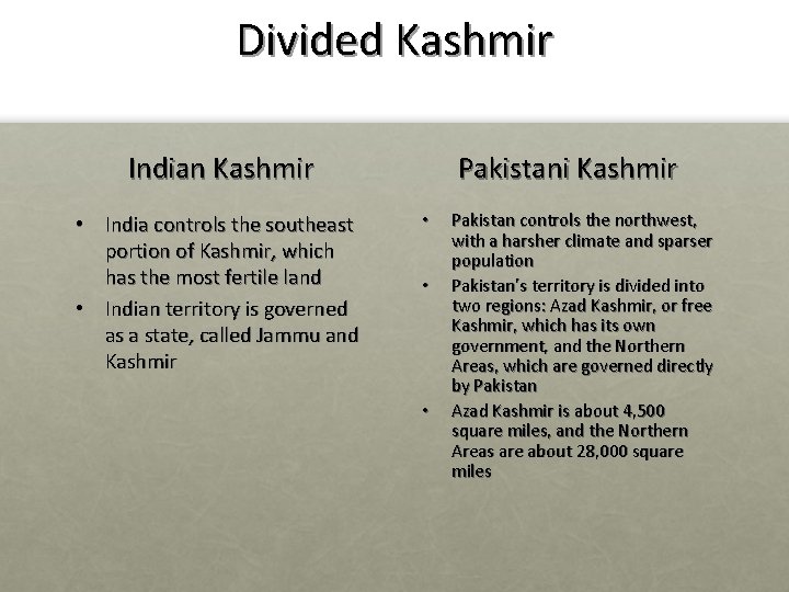 Divided Kashmir Indian Kashmir • India controls the southeast portion of Kashmir, which has