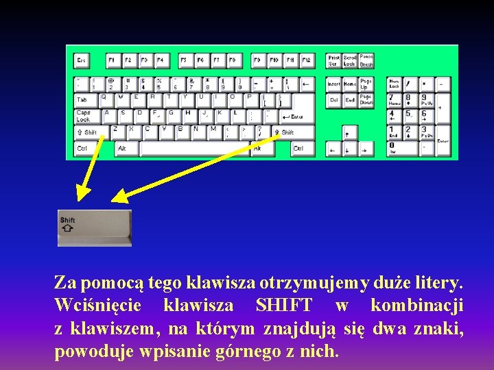 Za pomocą tego klawisza otrzymujemy duże litery. Wciśnięcie klawisza SHIFT w kombinacji z klawiszem, Za pomocą tego klawisza otrzymujemy duże litery. Wciśnięcie klawisza SHIFT w kombinacji z klawiszem,