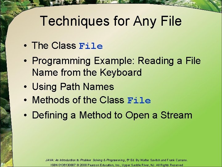Techniques for Any File • The Class File • Programming Example: Reading a File